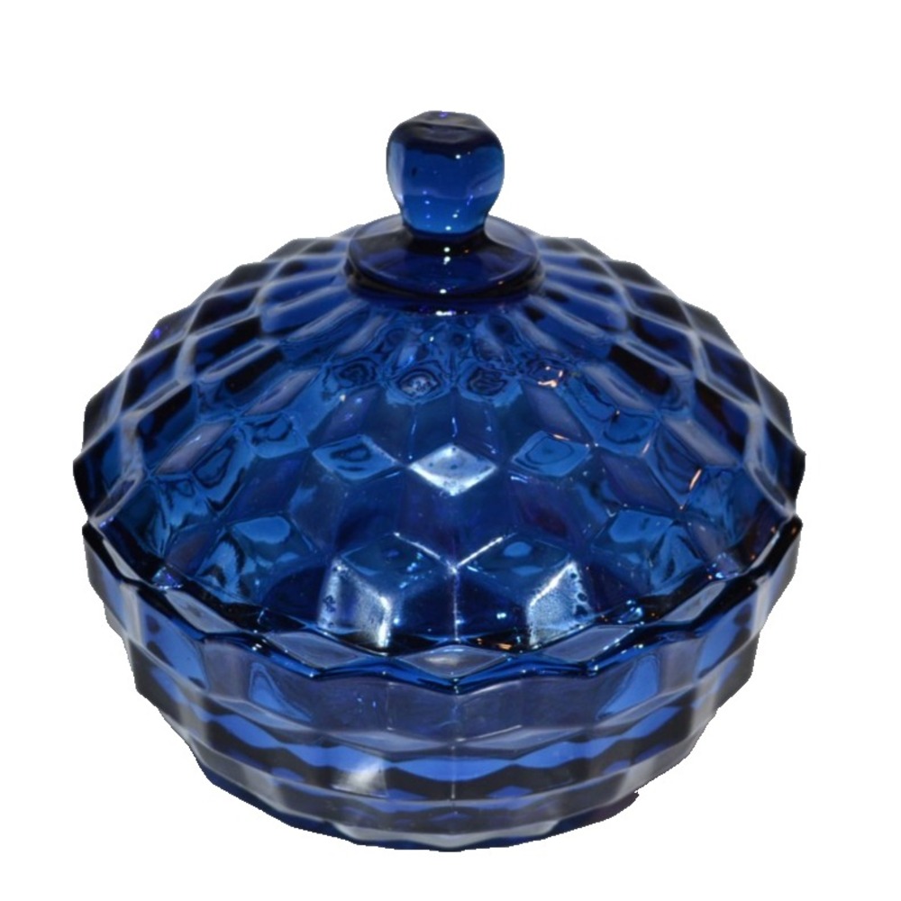 Vtg Indiana Glass Whitehall Cubist Cobalt Blue Covered Candy Dish